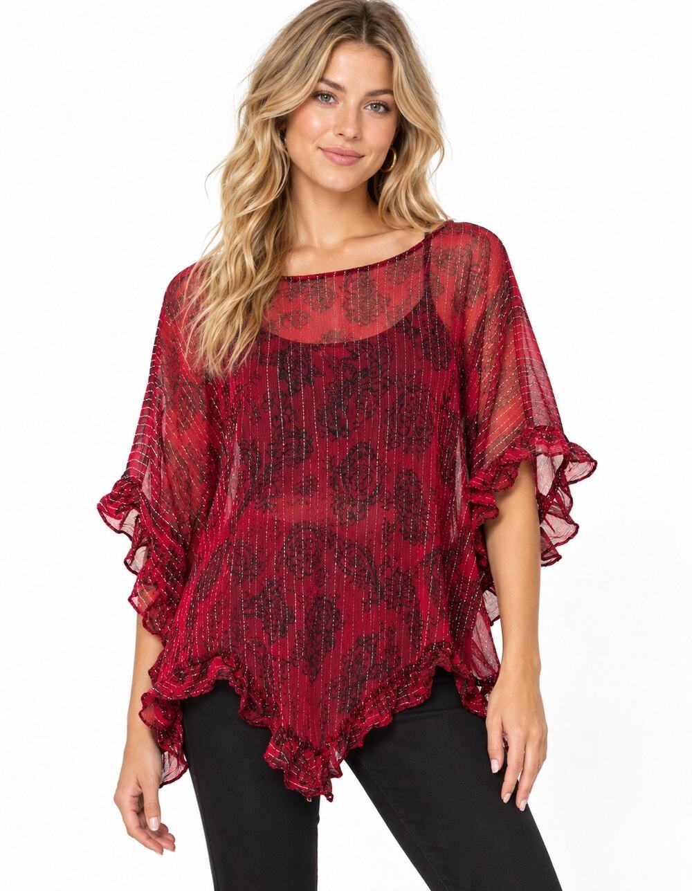 Vintage Y2K Silkland Sheer Red & Black Silk Sparkle Paisley Print Poncho